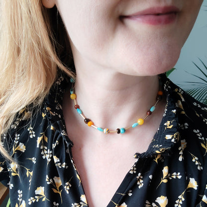 Turquoise and yellow beads necklace | Mixed colors beaded necklace | Multicolor gemstone choker | Happy cute handmade jewelry gift for woman