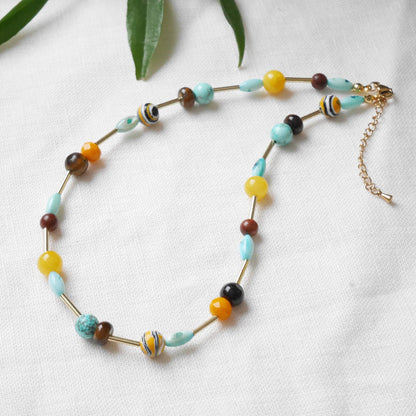 Turquoise and yellow beads necklace | Mixed colors beaded necklace | Multicolor gemstone choker | Happy cute handmade jewelry gift for woman