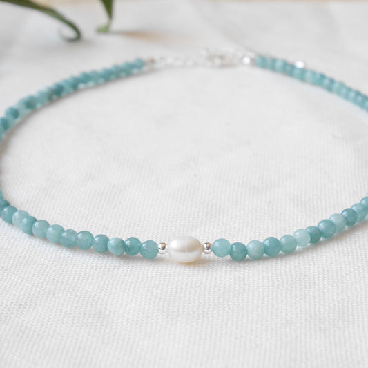 Aquamarine pearl necklace | Aquamarine stone beads choker | Light blue beaded jewelry with freshwater pearl | Romantic gift for girlfriend