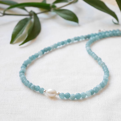 Aquamarine pearl necklace | Aquamarine stone beads choker | Light blue beaded jewelry with freshwater pearl | Romantic gift for girlfriend