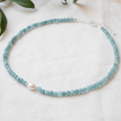 Aquamarine pearl necklace | Aquamarine stone beads choker | Light blue beaded jewelry with freshwater pearl | Romantic gift for girlfriend