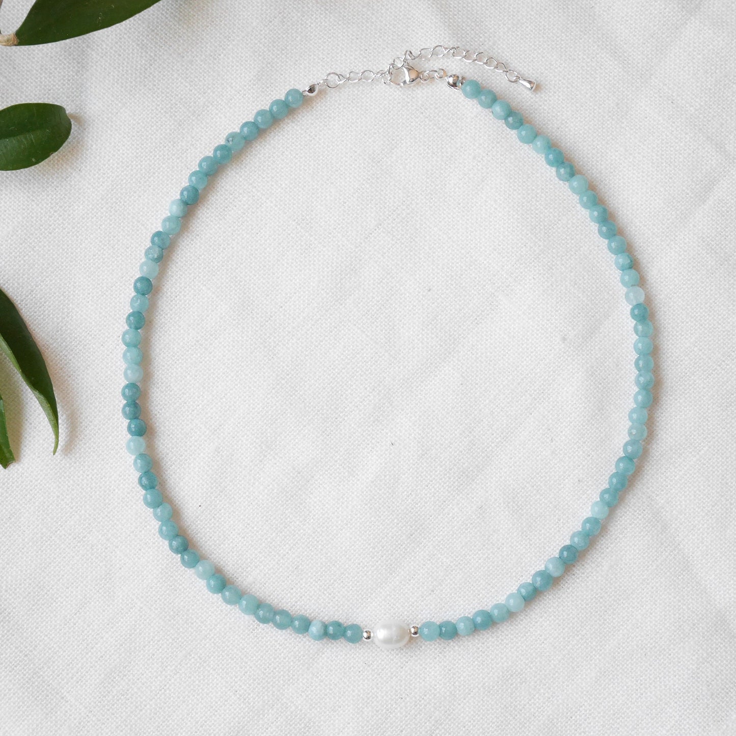 Aquamarine pearl necklace | Aquamarine stone beads choker | Light blue beaded jewelry with freshwater pearl | Romantic gift for girlfriend