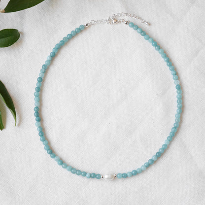 Aquamarine pearl necklace | Aquamarine stone beads choker | Light blue beaded jewelry with freshwater pearl | Romantic gift for girlfriend