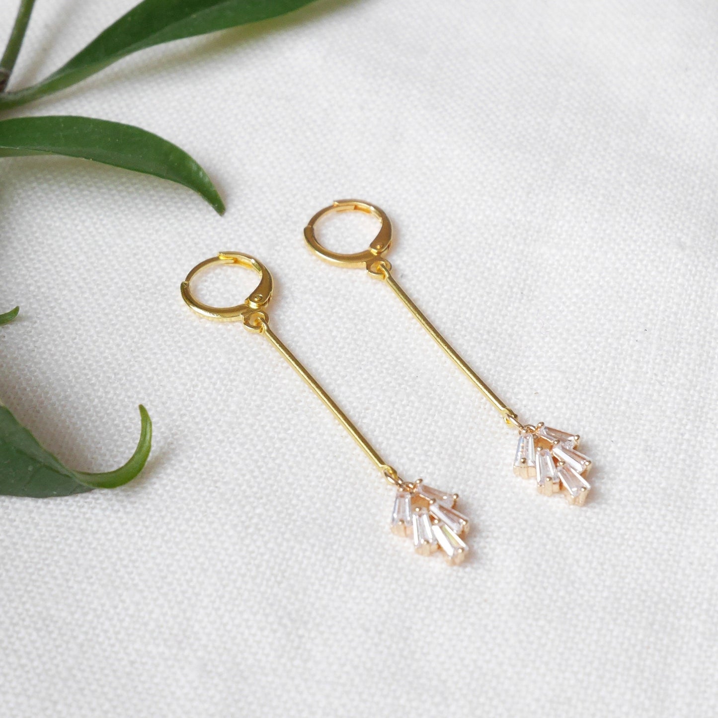 Art deco bar earrings | Fan shape minimalist jewelry | Zircon charm dangle earrings | Dainty long gold earrings | Cute birthday gift for her