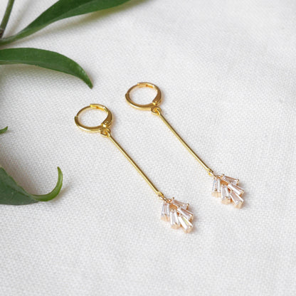 Art deco bar earrings | Fan shape minimalist jewelry | Zircon charm dangle earrings | Dainty long gold earrings | Cute birthday gift for her