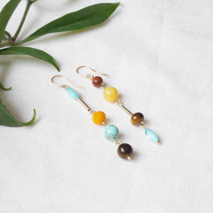 Turquoise and yellow beads earrings | Fun colorful jewelry | Long funky mismatched earrings | Multicolor bead handmade earrings gift for her