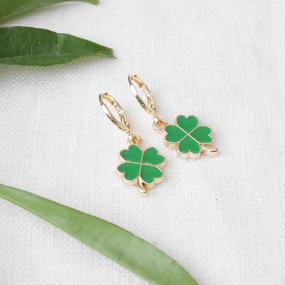 Four leaf clover hoop earrings | Dainty cute green lucky charm earrings | Gift for good luck | Shamrock hoops for her | Small charms jewelry