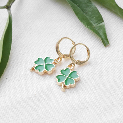 Four leaf clover hoop earrings | Dainty cute green lucky charm earrings | Gift for good luck | Shamrock hoops for her | Small charms jewelry