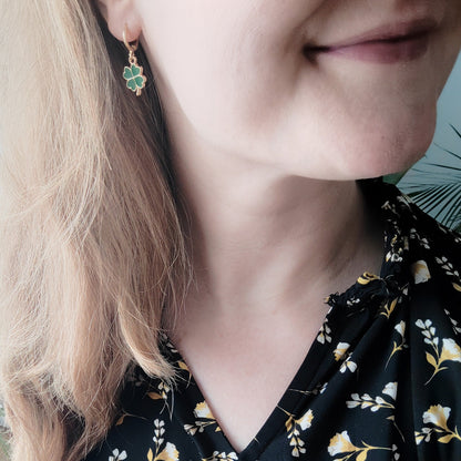 Four leaf clover hoop earrings | Dainty cute green lucky charm earrings | Gift for good luck | Shamrock hoops for her | Small charms jewelry