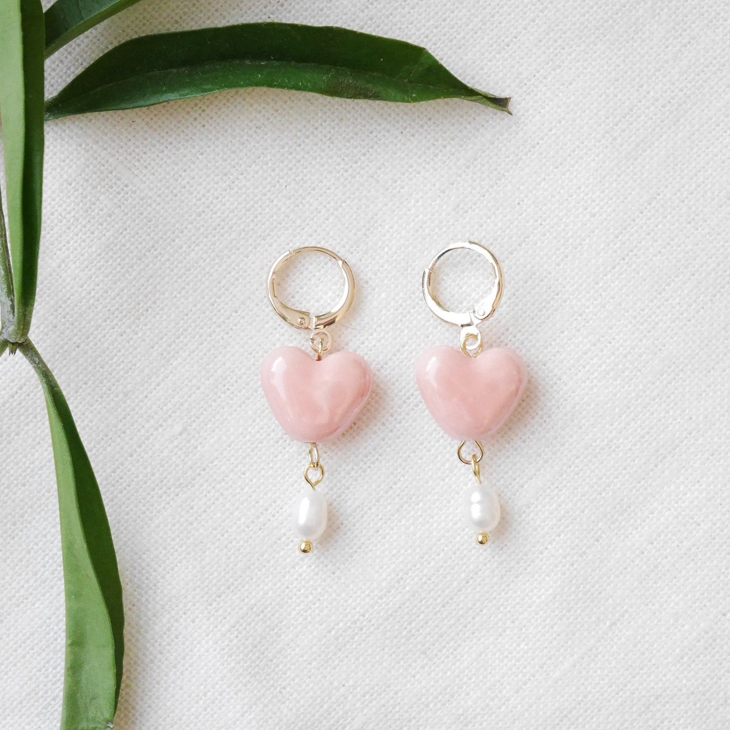 Porcelain heart earrings | Ceramic heart shape jewelry | Cute romantic love gift for her | Dainty small colorful drop with freshwater pearls