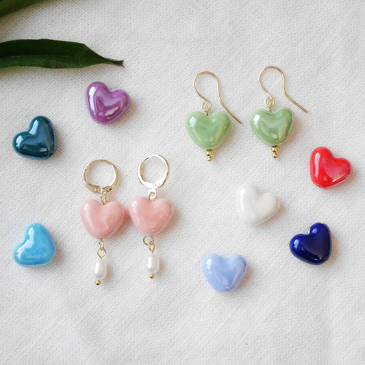 Porcelain heart earrings | Ceramic heart shape jewelry | Cute romantic love gift for her | Dainty small colorful drop with freshwater pearls