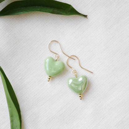 Porcelain heart earrings | Ceramic heart shape jewelry | Cute romantic love gift for her | Dainty small colorful drop with freshwater pearls