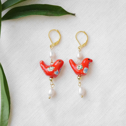 Red bird porcelain earrings | Ceramic beads jewelry | Cute cardinal drop earrings with freshwater pearls | Fun quirky colorful gift for her