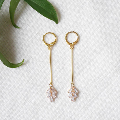 Art deco bar earrings | Fan shape minimalist jewelry | Zircon charm dangle earrings | Dainty long gold earrings | Cute birthday gift for her