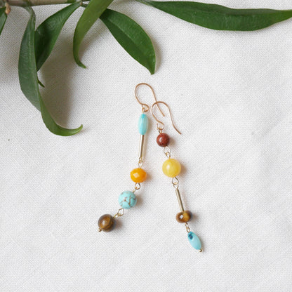 Turquoise and yellow beads earrings | Fun colorful jewelry | Long funky mismatched earrings | Multicolor bead handmade earrings gift for her