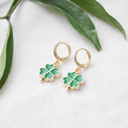 Four leaf clover hoop earrings | Dainty cute green lucky charm earrings | Gift for good luck | Shamrock hoops for her | Small charms jewelry