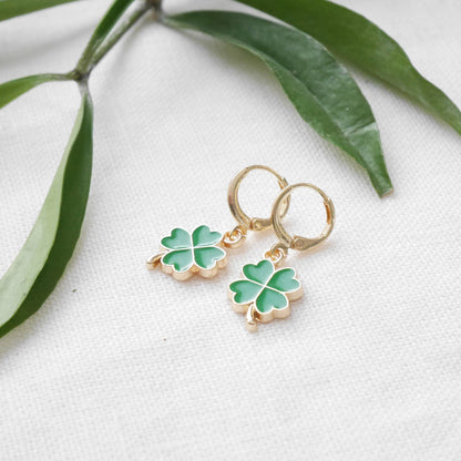 Four leaf clover hoop earrings | Dainty cute green lucky charm earrings | Gift for good luck | Shamrock hoops for her | Small charms jewelry