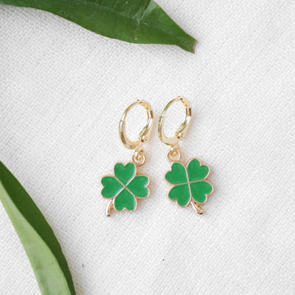 Four leaf clover hoop earrings | Dainty cute green lucky charm earrings | Gift for good luck | Shamrock hoops for her | Small charms jewelry
