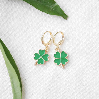 Four leaf clover hoop earrings | Dainty cute green lucky charm earrings | Gift for good luck | Shamrock hoops for her | Small charms jewelry