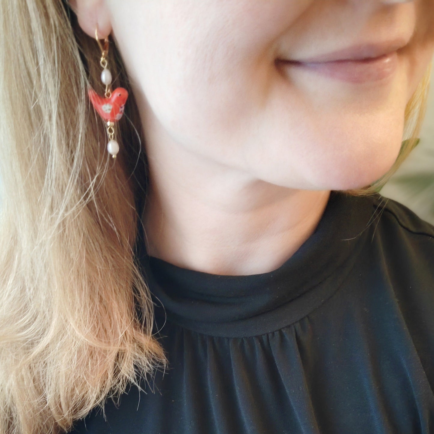 Red bird porcelain earrings | Ceramic beads jewelry | Cute cardinal drop earrings with freshwater pearls | Fun quirky colorful gift for her