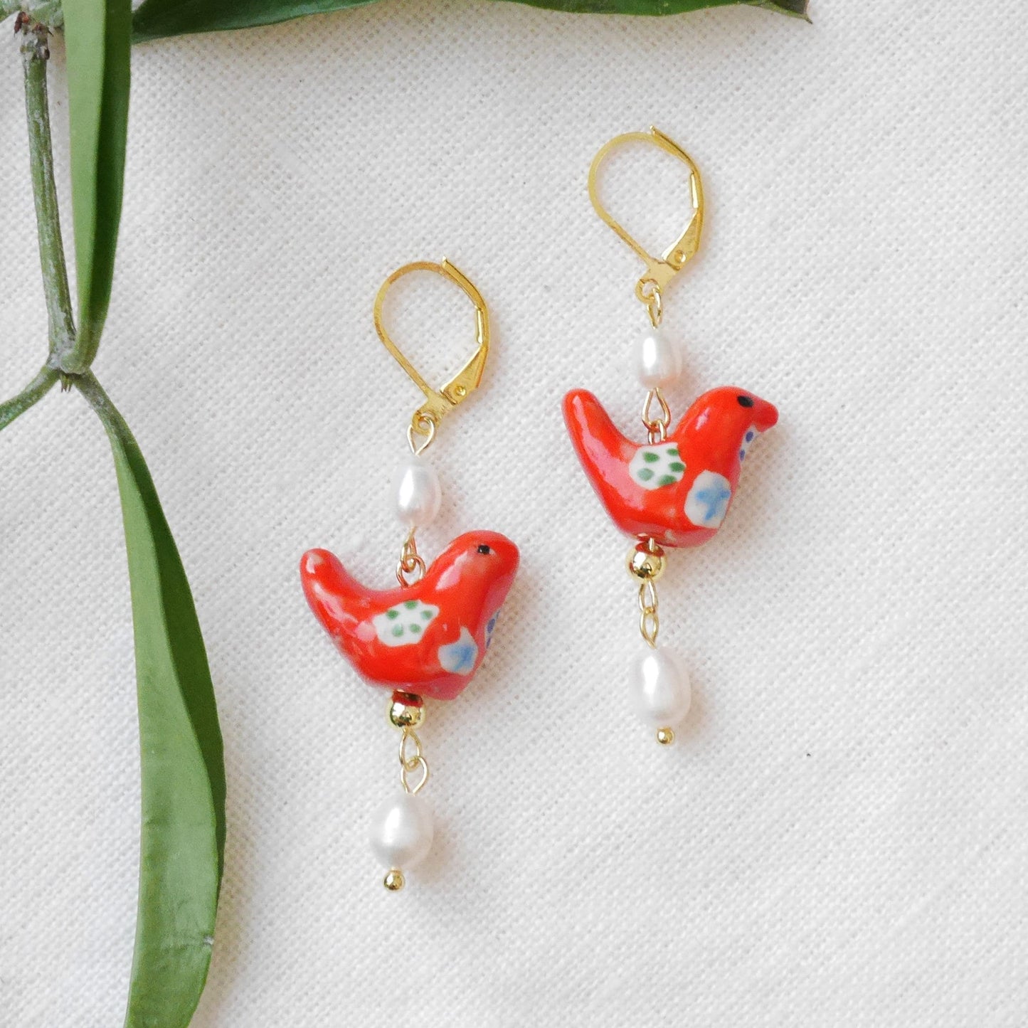 Red bird porcelain earrings | Ceramic beads jewelry | Cute cardinal drop earrings with freshwater pearls | Fun quirky colorful gift for her