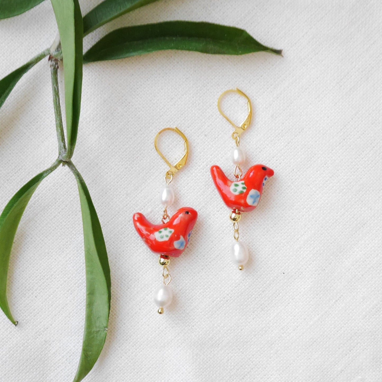 Red bird porcelain earrings | Ceramic beads jewelry | Cute cardinal drop earrings with freshwater pearls | Fun quirky colorful gift for her