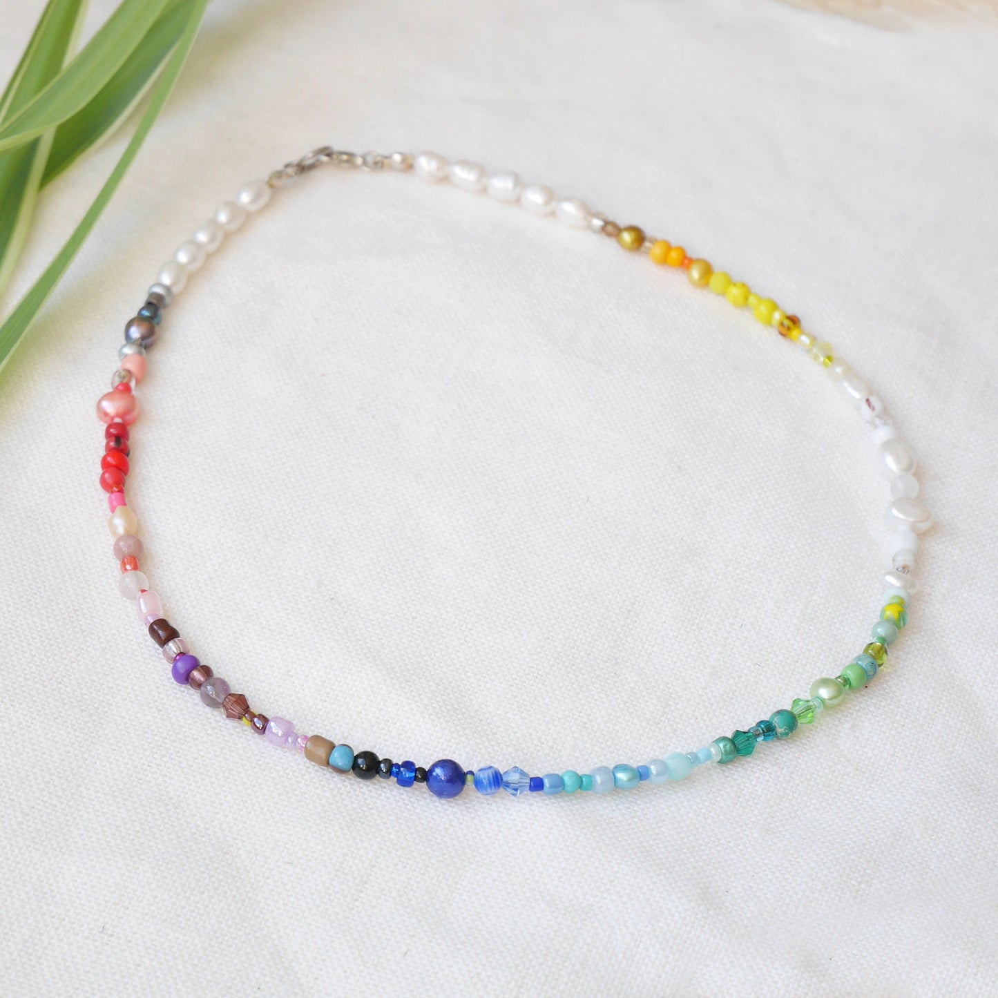 Rainbow necklace | Beaded pearl necklace | Colorful beads choker | Jewelry with multicolor seed beads and freshwater pearls