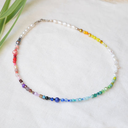 Rainbow necklace | Beaded pearl necklace | Colorful beads choker | Jewelry with multicolor seed beads and freshwater pearls