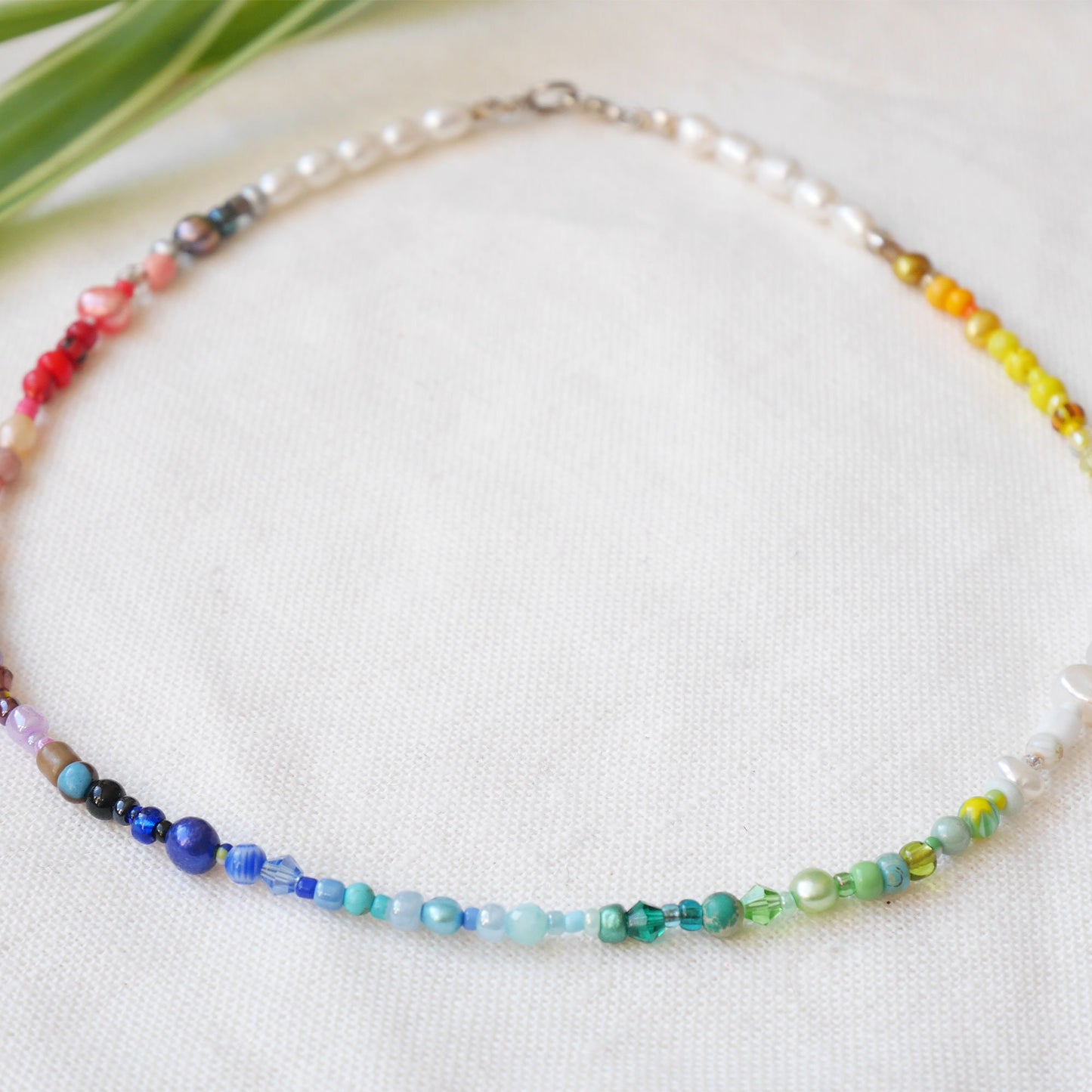 Rainbow necklace | Beaded pearl necklace | Colorful beads choker | Jewelry with multicolor seed beads and freshwater pearls