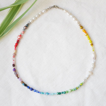 Rainbow necklace | Beaded pearl necklace | Colorful beads choker | Jewelry with multicolor seed beads and freshwater pearls