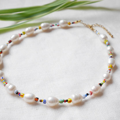 Freshwater pearl necklace with striped beads | Colorful beaded necklace | Mixed seed bead choker | Multicolor summer jewelry gift for her