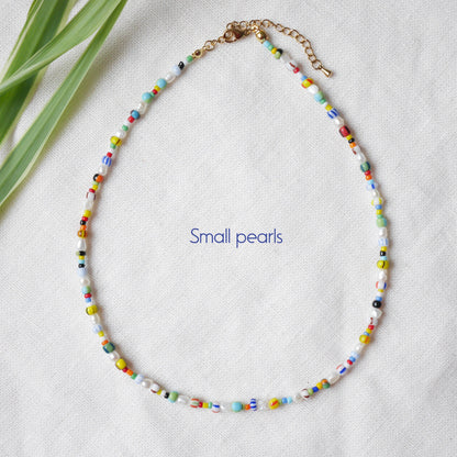 Freshwater pearl necklace with striped beads | Colorful beaded necklace | Mixed seed bead choker | Multicolor summer jewelry gift for her