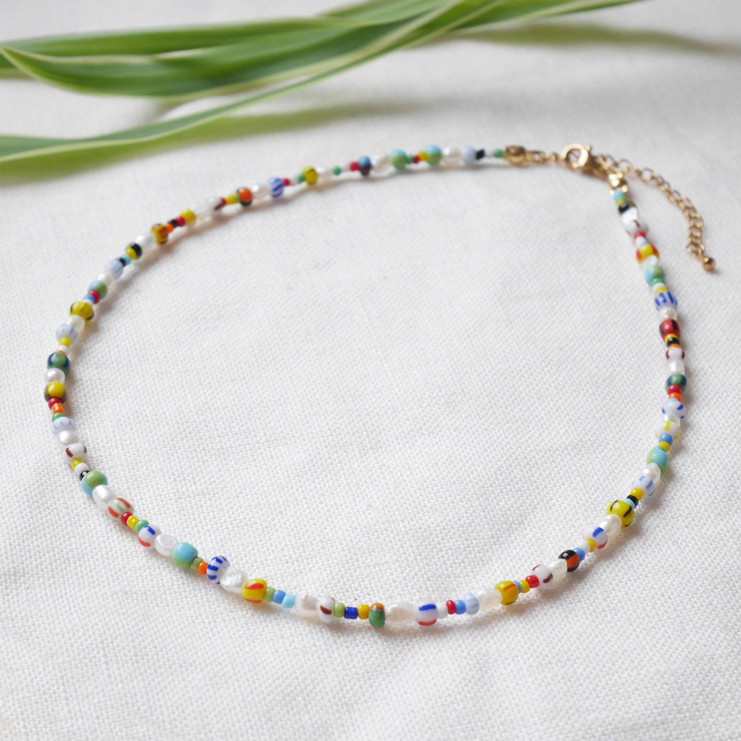 Freshwater pearl necklace with striped beads | Colorful beaded necklace | Mixed seed bead choker | Multicolor summer jewelry gift for her