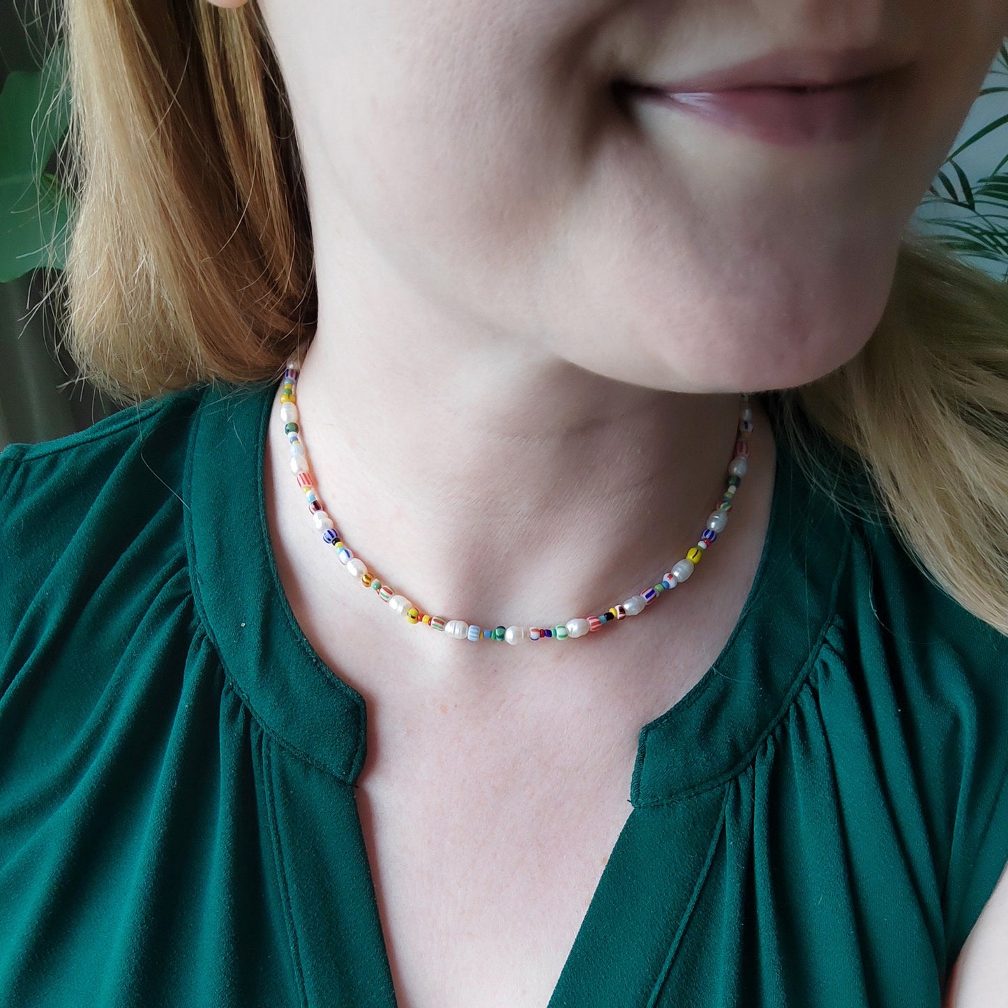 Freshwater pearl necklace with striped beads | Colorful beaded necklace | Mixed seed bead choker | Multicolor summer jewelry gift for her