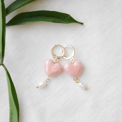 Porcelain heart earrings | Ceramic heart shape jewelry | Cute romantic love gift for her | Dainty small colorful drop with freshwater pearls