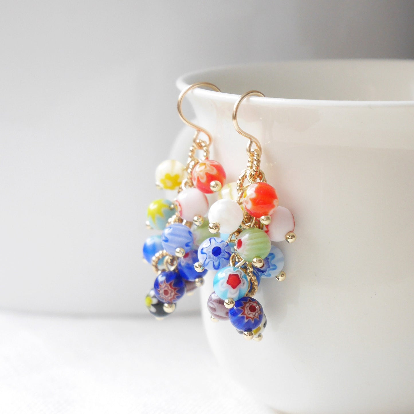 Millefiori dangle earrings | Colorful cascade earrings with multicolor floral glass beads | Eye-catching flower beaded statement earrings