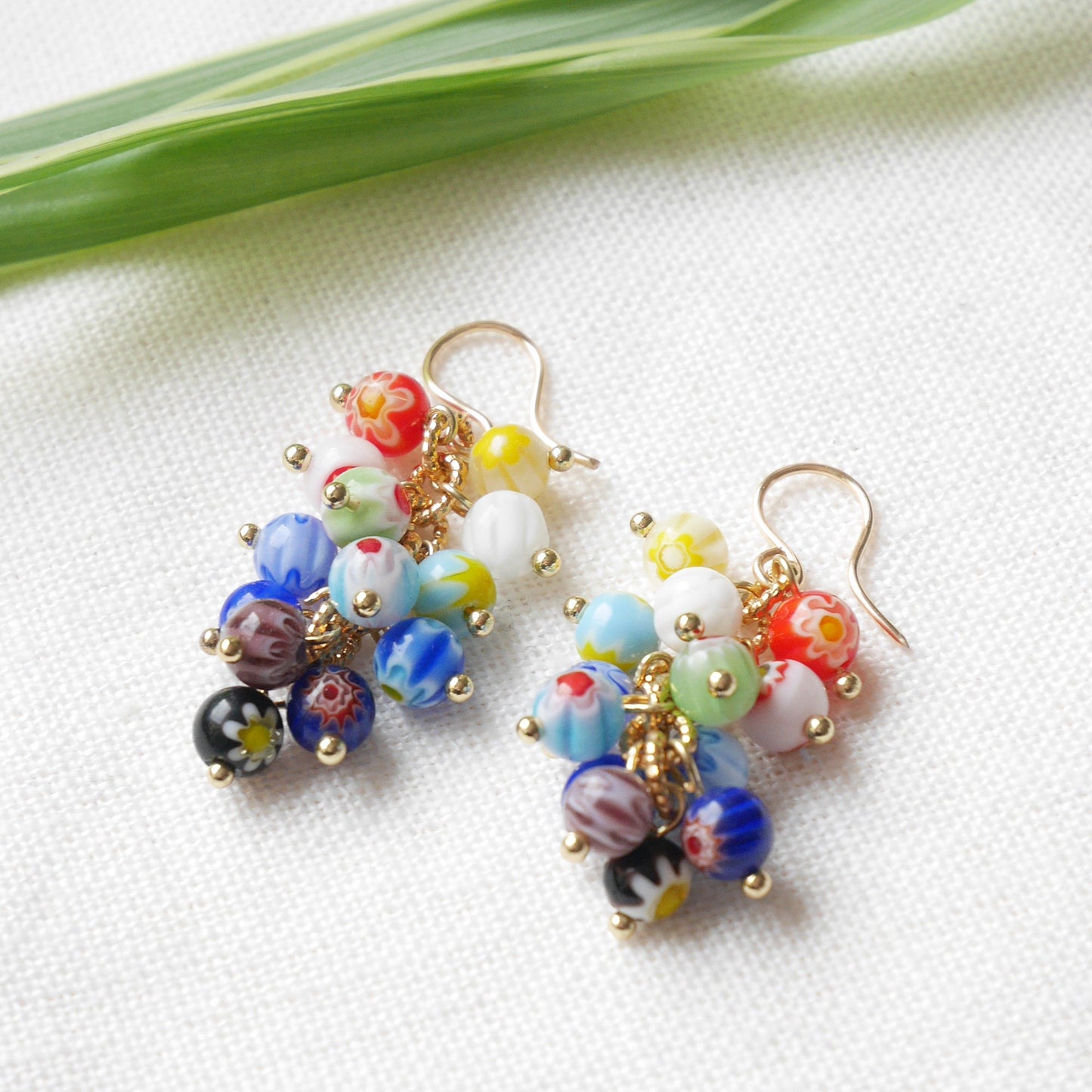 Millefiori dangle earrings | Colorful cascade earrings with multicolor floral glass beads | Eye-catching flower beaded statement earrings