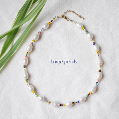 Freshwater pearl necklace with striped beads | Colorful beaded necklace | Mixed seed bead choker | Multicolor summer jewelry gift for her