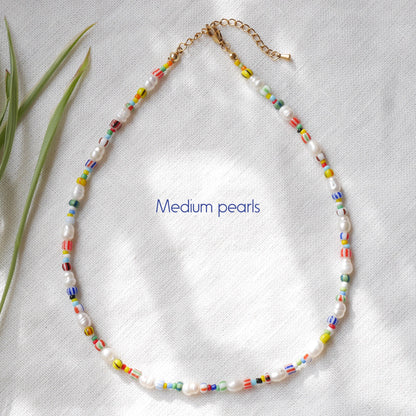 Freshwater pearl necklace with striped beads | Colorful beaded necklace | Mixed seed bead choker | Multicolor summer jewelry gift for her