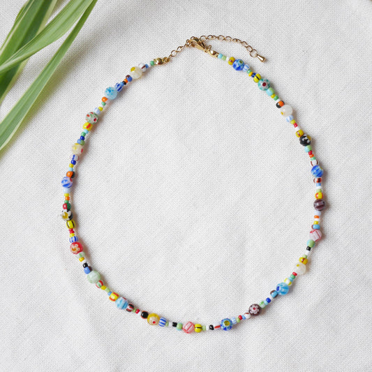 Colorful seed bead necklace - millefiori choker, summer jewelry gift for her