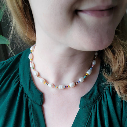 Freshwater pearl necklace with striped beads | Colorful beaded necklace | Mixed seed bead choker | Multicolor summer jewelry gift for her