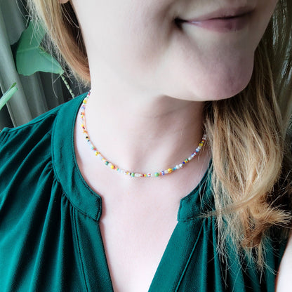 Freshwater pearl necklace with striped beads | Colorful beaded necklace | Mixed seed bead choker | Multicolor summer jewelry gift for her