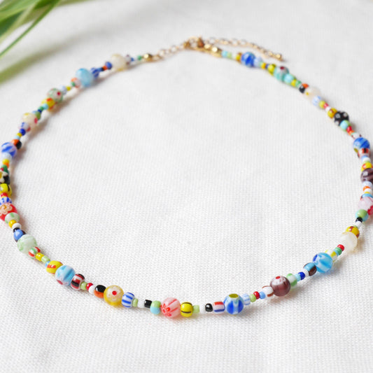 Millefiori seed bead necklace | Colorful glass bead choker | Happy summer beaded jewelry | Multicolor unisex necklace gift for him or her