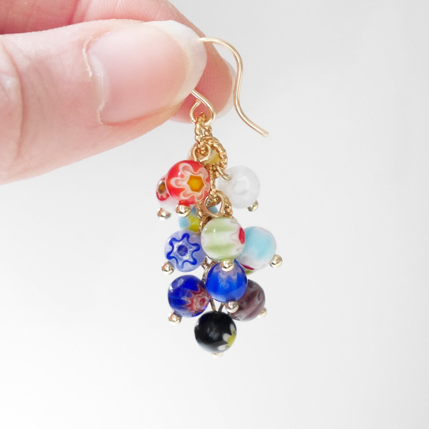 Millefiori dangle earrings | Colorful cascade earrings with multicolor floral glass beads | Eye-catching flower beaded statement earrings