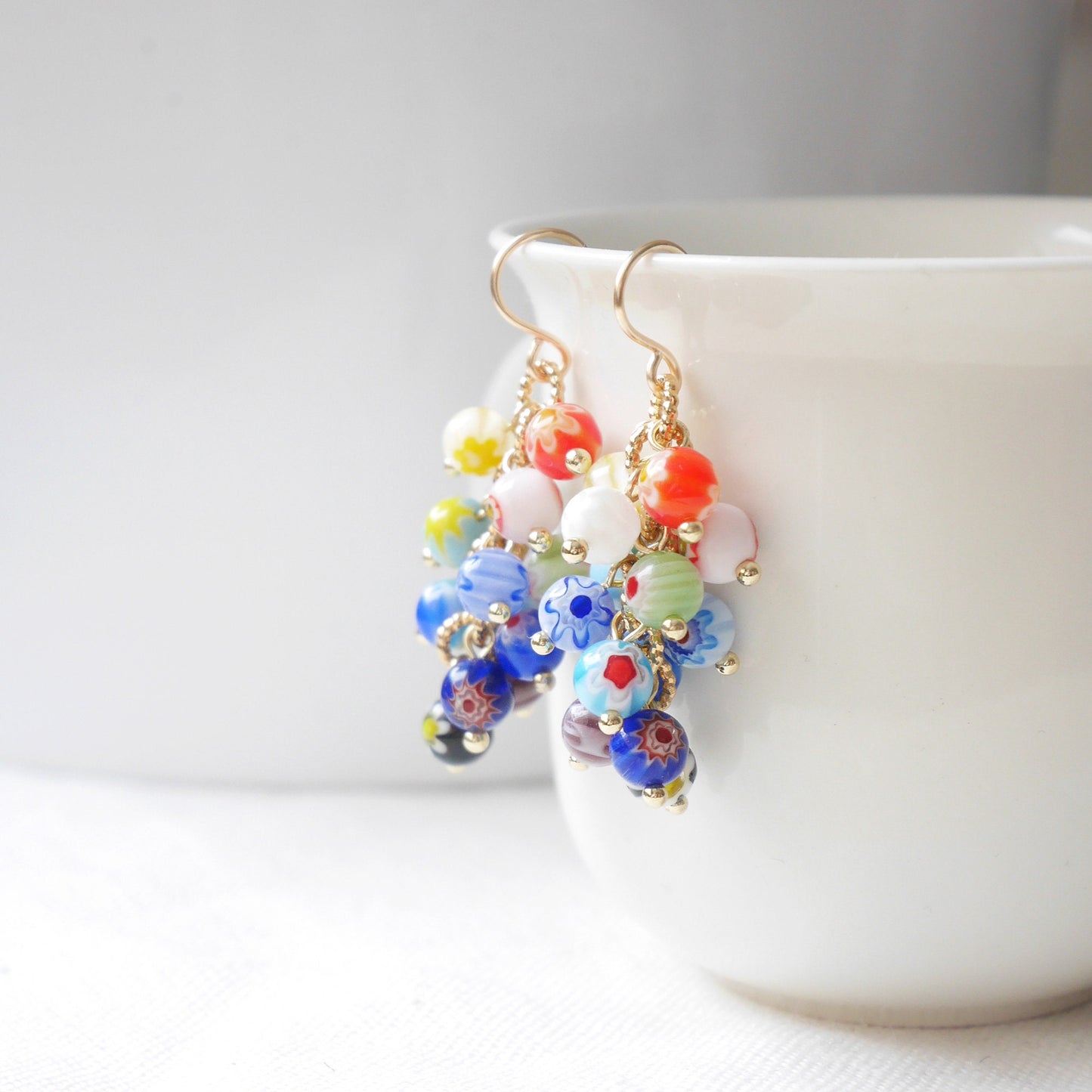 Millefiori dangle earrings | Colorful cascade earrings with multicolor floral glass beads | Eye-catching flower beaded statement earrings