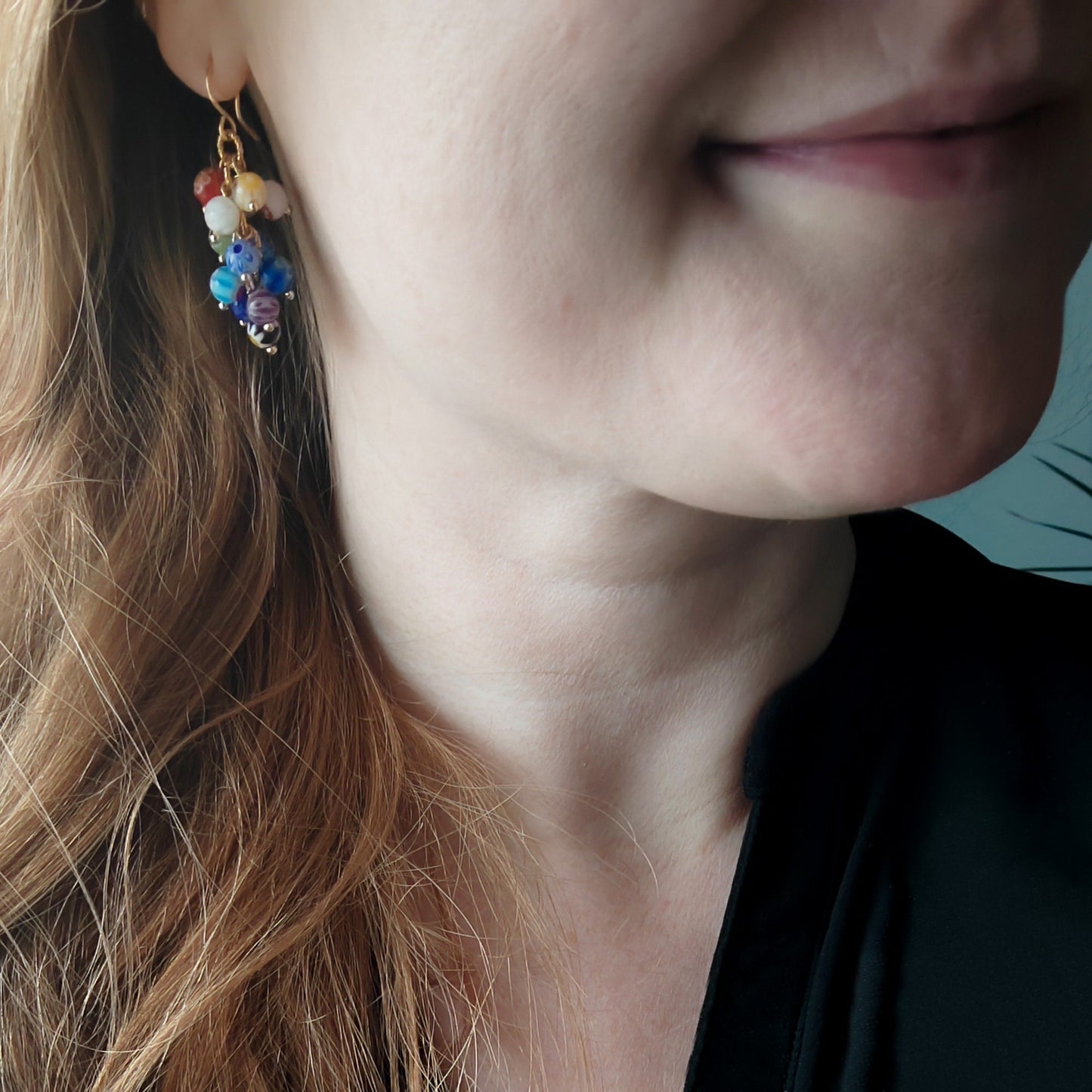 Millefiori dangle earrings | Colorful cascade earrings with multicolor floral glass beads | Eye-catching flower beaded statement earrings