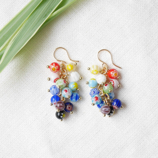 Millefiori dangle earrings | Colorful cascade earrings with multicolor floral glass beads | Eye-catching flower beaded statement earrings