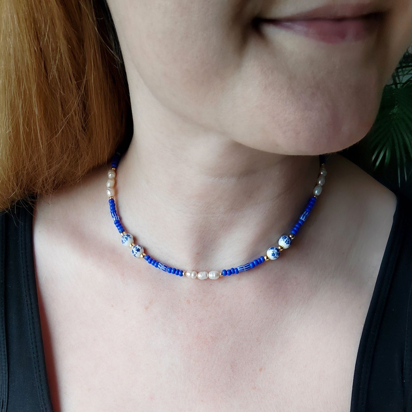 Blue porcelain bead necklace | Summer seed bead choker | Cute blue and white necklace with real pearls | Flower ceramic jewelry gift idea