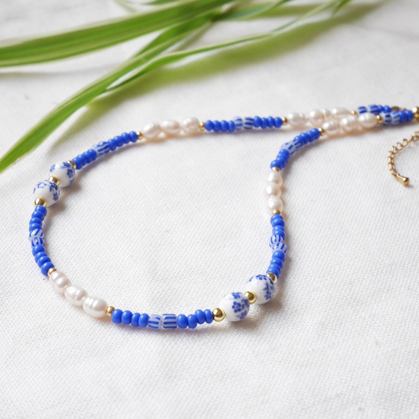 Blue porcelain bead necklace | Summer seed bead choker | Cute blue and white necklace with real pearls | Flower ceramic jewelry gift idea