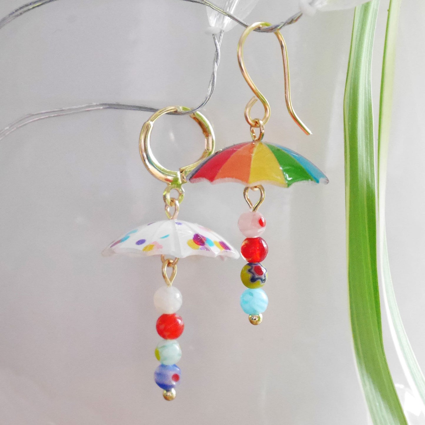 Colorful umbrella earrings | Rainy day earrings | Cute and quirky millefiori dangle earrings | Fun positive multicolor jewelry gift idea